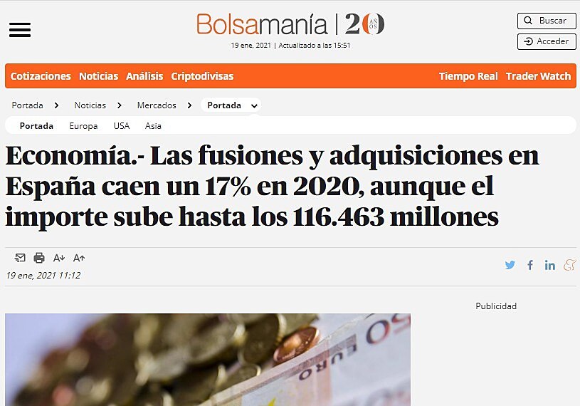 Las fusiones y adquisiciones en Espaa caen un 17% en 2020, aunque el importe sube hasta los 116.463 millones